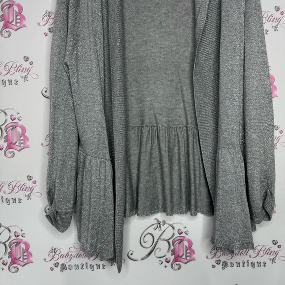 Lety & me cardigan grey sparkly shimmer grey silver ruffle tiered trim cinch - Picture 2 of 13